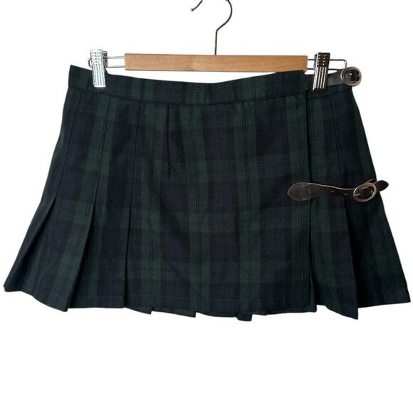 Y2K Brandy Melville Dk Green Plaid Pleated Mini Wrap Skirt One Size Range 2-4 - Picture 1 of 4